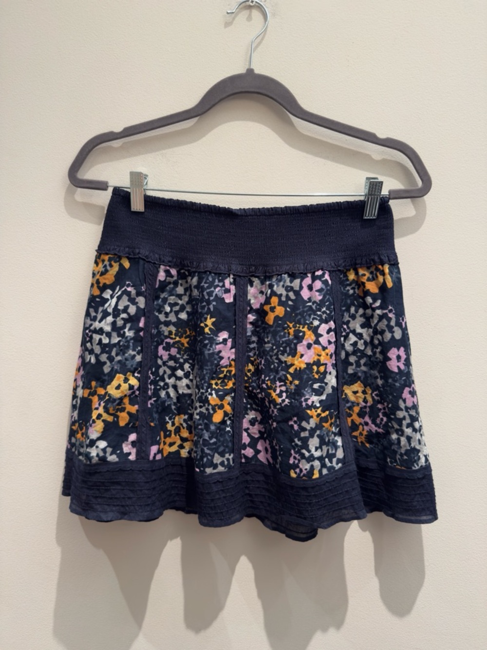 Free People- Navy Skirt With Floral Purple & Orange Accents Size Small Women’s